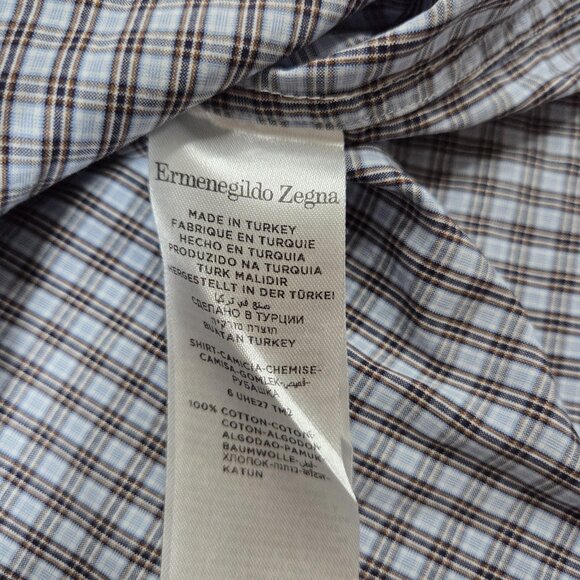 Ermenegildo Zegna Shirt Mens Medium Blue Brown Check Plaid Button Down Casual - Picture 5 of 10